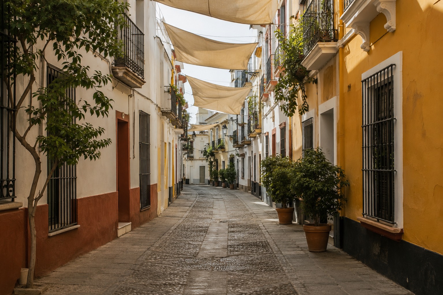 Narrow street in Seville with shade sails strung between the buildings and potted plants along the facades