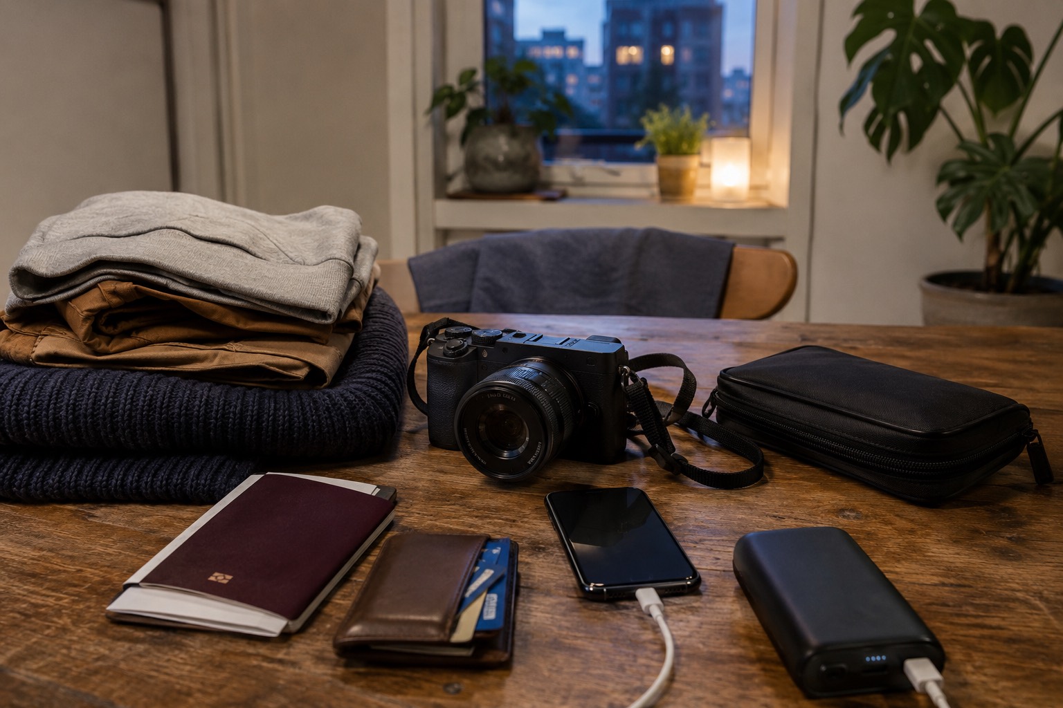 Kitchen table the night before a trip with folded clothes, a camera, a passport, a wallet, a charging phone and a power bank