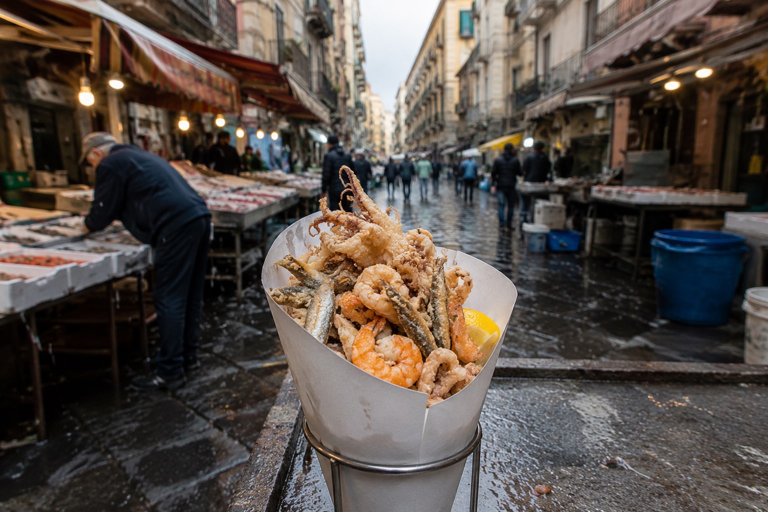 Paper cone of fried fish and seafood on the market street at Pignasecca in Naples