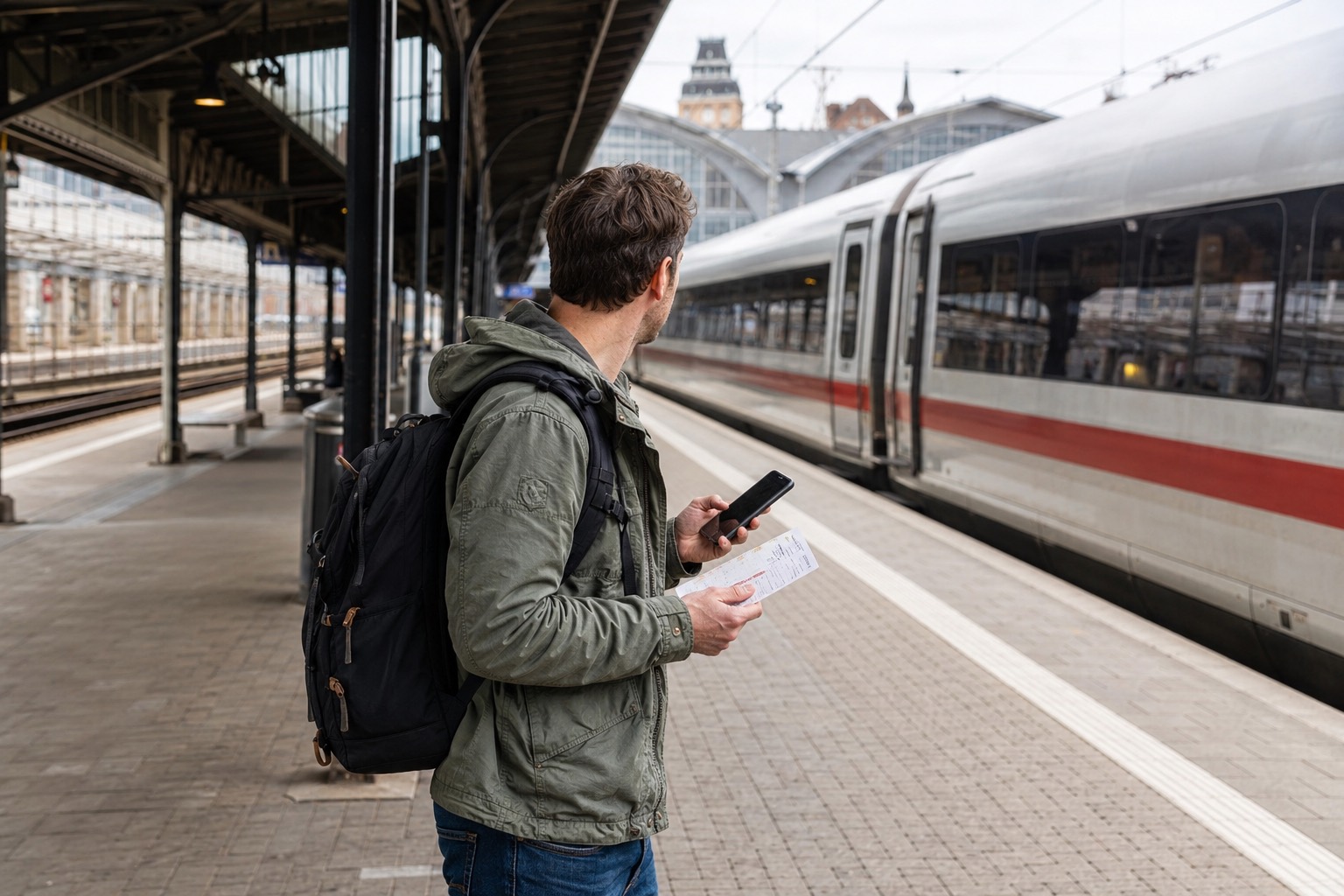 A traveler with a backpack, a phone and a paper ticket on a platform next to a waiting high-speed train