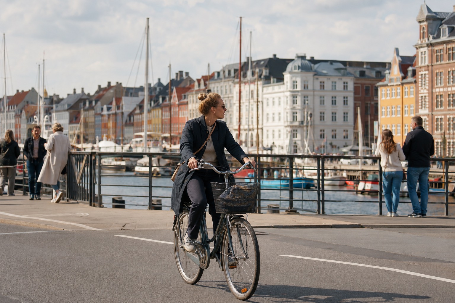 A cyclist on a bridge by Nyhavn in Copenhagen, with colorful facades and boat masts in the background